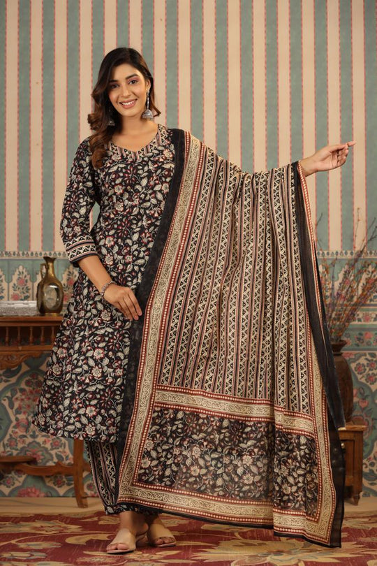 Kalamkari Embellished Cotton Kurta with Afghani Pants & Flowy Mulmul Dupatta