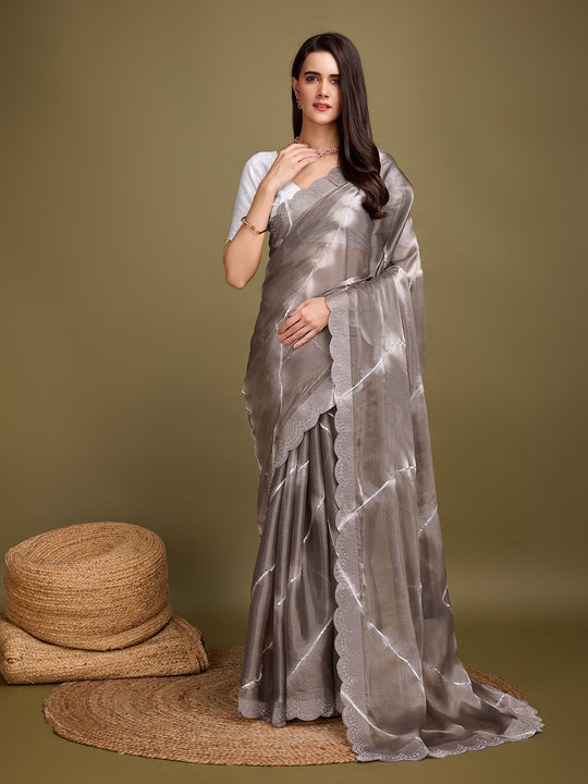 Brown Organza Party Wear Saree With Blouse Piece