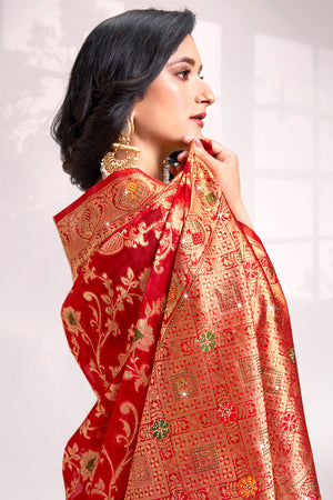 Red Organza Saree With Blouse Piece