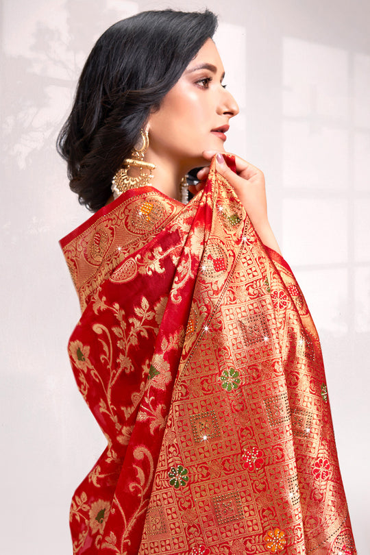 Red Organza Saree With Blouse Piece