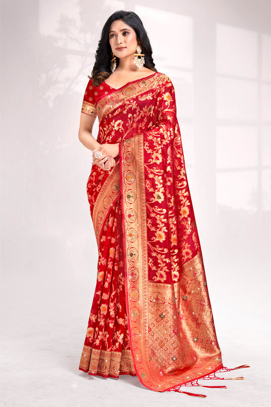 Red Organza Saree With Blouse Piece