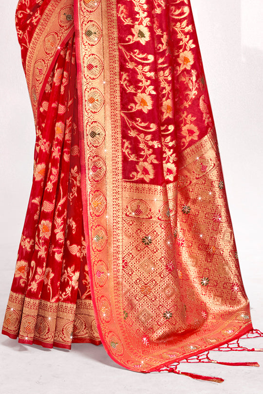 Red Organza Saree With Blouse Piece