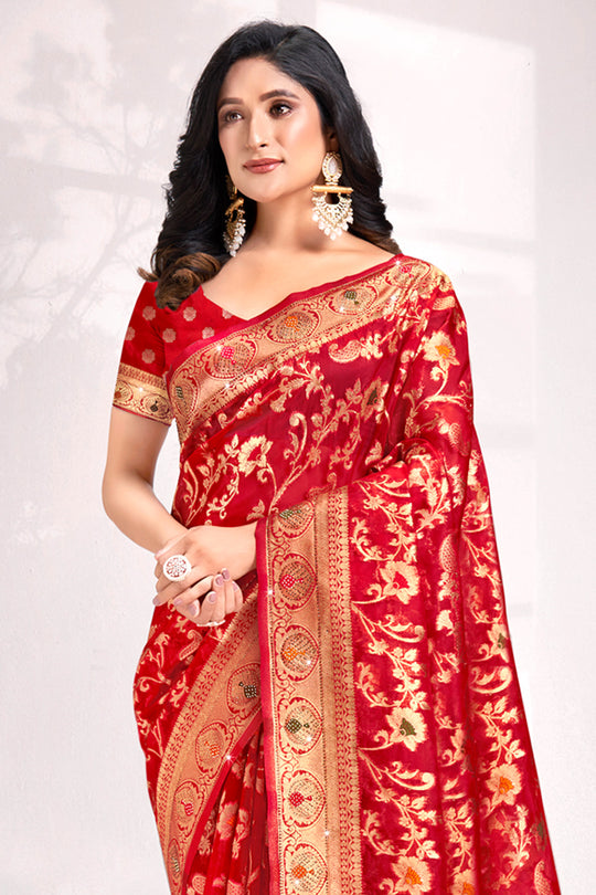 Red Organza Saree With Blouse Piece