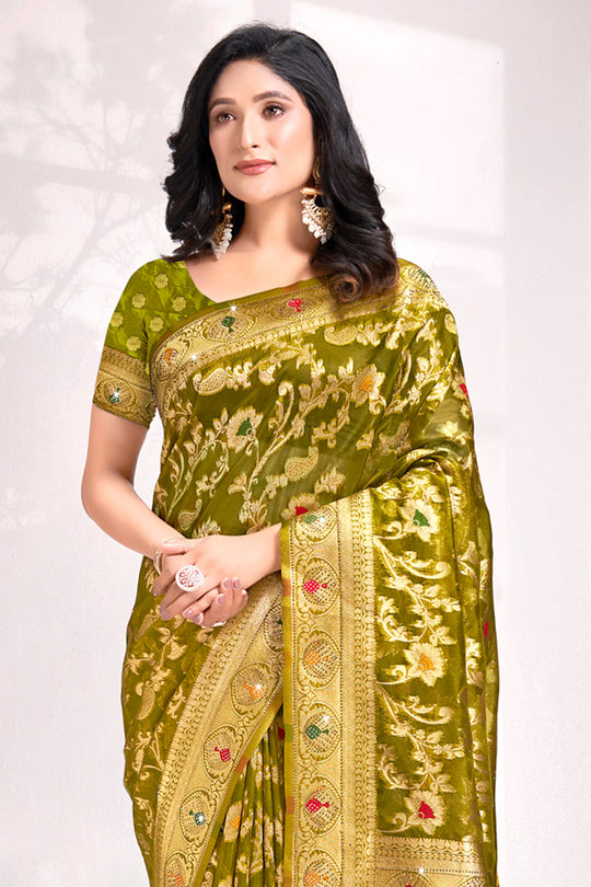 Olive Green Organza Saree With Blouse Piece