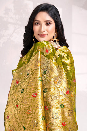 Olive Green Organza Saree With Blouse Piece