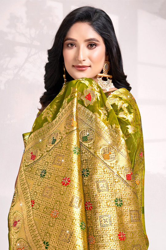 Olive Green Organza Saree With Blouse Piece