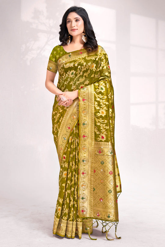 Olive Green Organza Saree With Blouse Piece