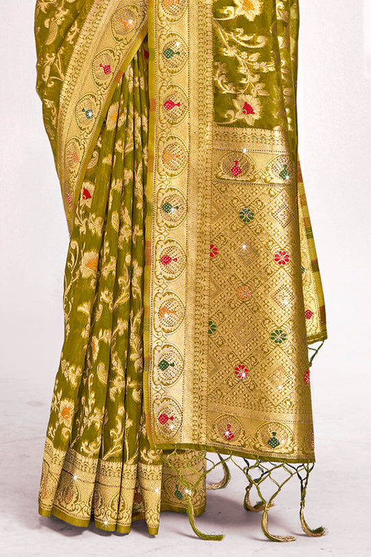 Olive Green Organza Saree With Blouse Piece