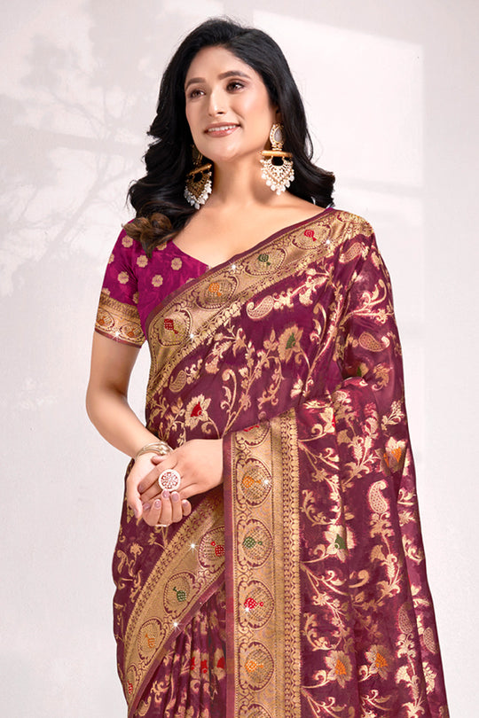 Purple Organza Saree With Blouse Piece