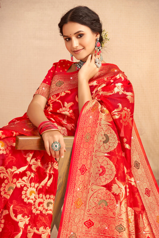 Red Organza Saree With Blouse Piece