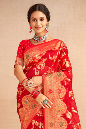 Red Organza Saree With Blouse Piece