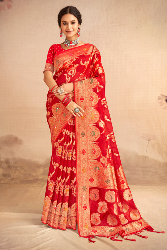Red Organza Saree With Blouse Piece