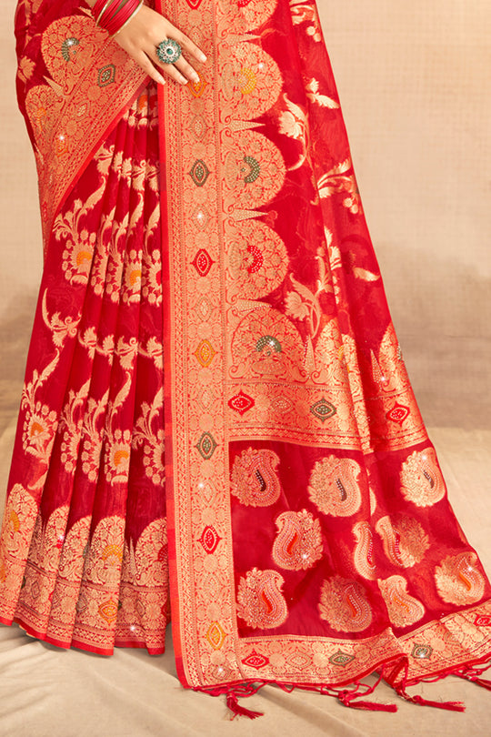 Red Organza Saree With Blouse Piece