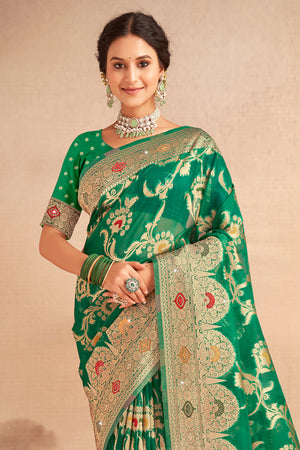 Green Organza Saree With Blouse Piece