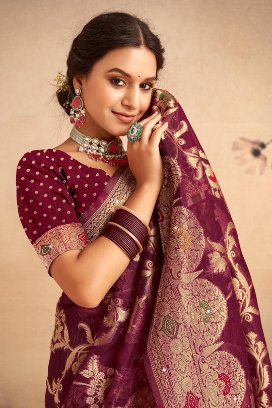 Purple Organza Saree With Blouse Piece