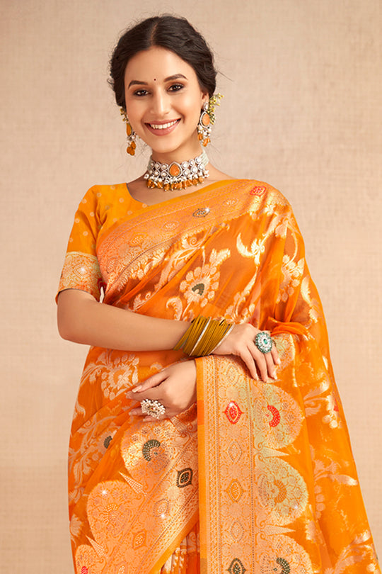 Mustard Organza Saree With Blouse Piece