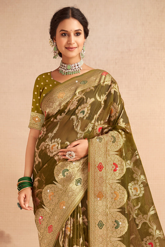 Olive Green Organza Saree With Blouse Piece