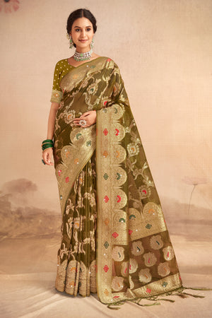 Olive Green Organza Saree With Blouse Piece