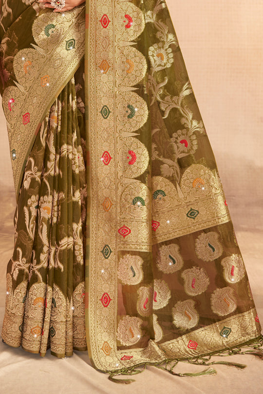 Olive Green Organza Saree With Blouse Piece