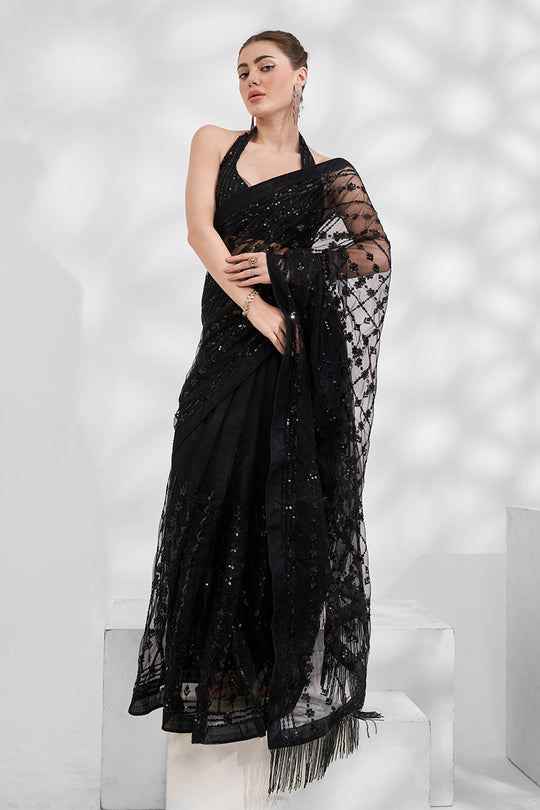 Black Net Saree With Blouse Piece