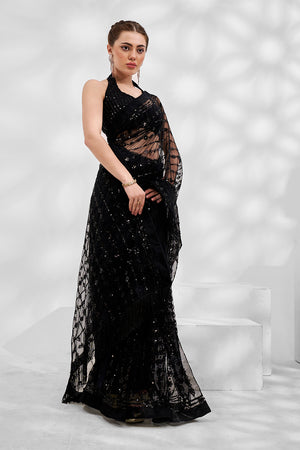 Black Net Saree With Blouse Piece