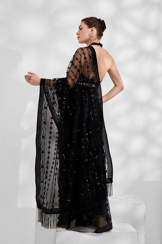 Black Net Saree With Blouse Piece