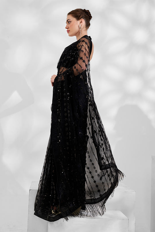 Black Net Saree With Blouse Piece