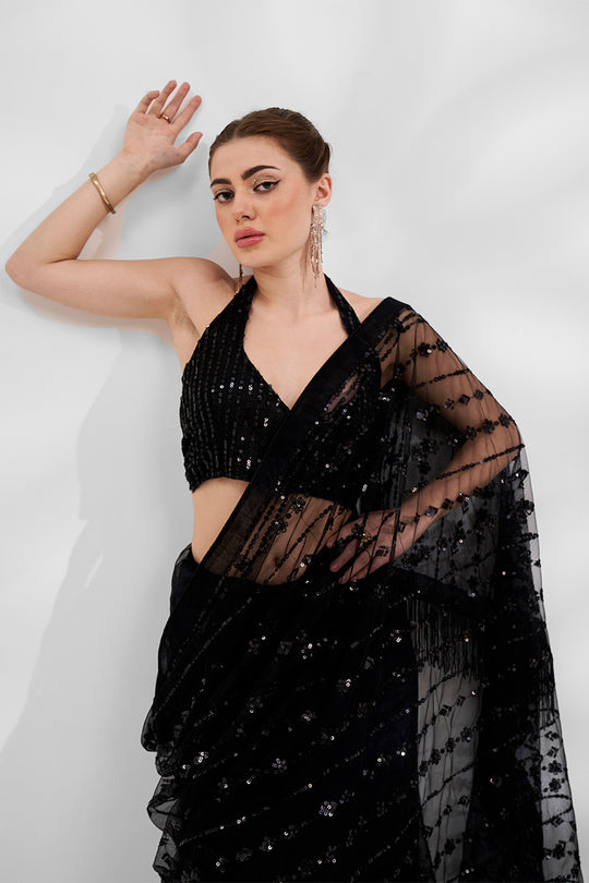 Black Net Saree With Blouse Piece