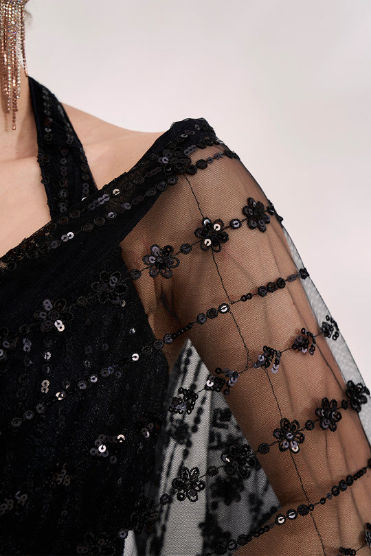Black Net Saree With Blouse Piece