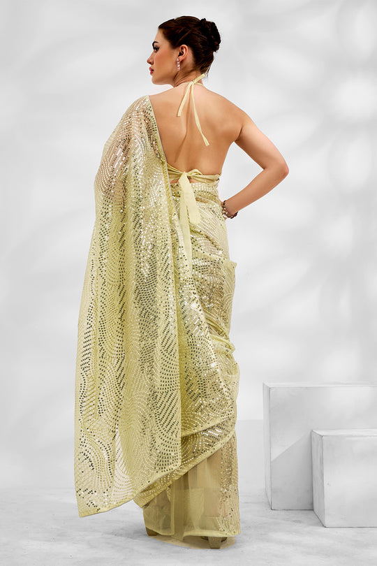 Green Net Saree With Blouse Piece