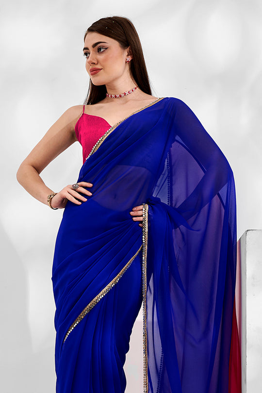 Blue Georgette Saree With Blouse Piece