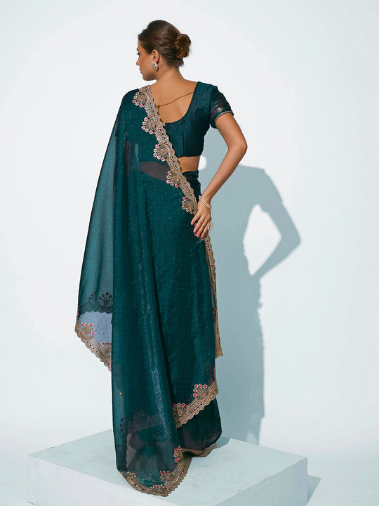 Teal Organza Party Wear Saree With Blouse Piece