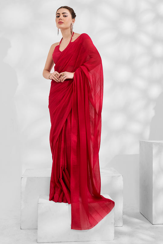 Red Georgette Saree With An Embroidery Overcoat