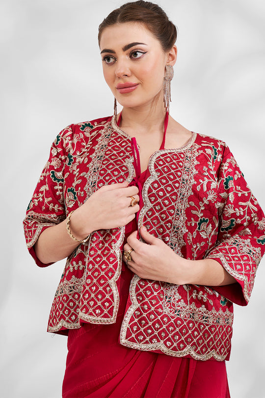 Red Georgette Saree With An Embroidery Overcoat