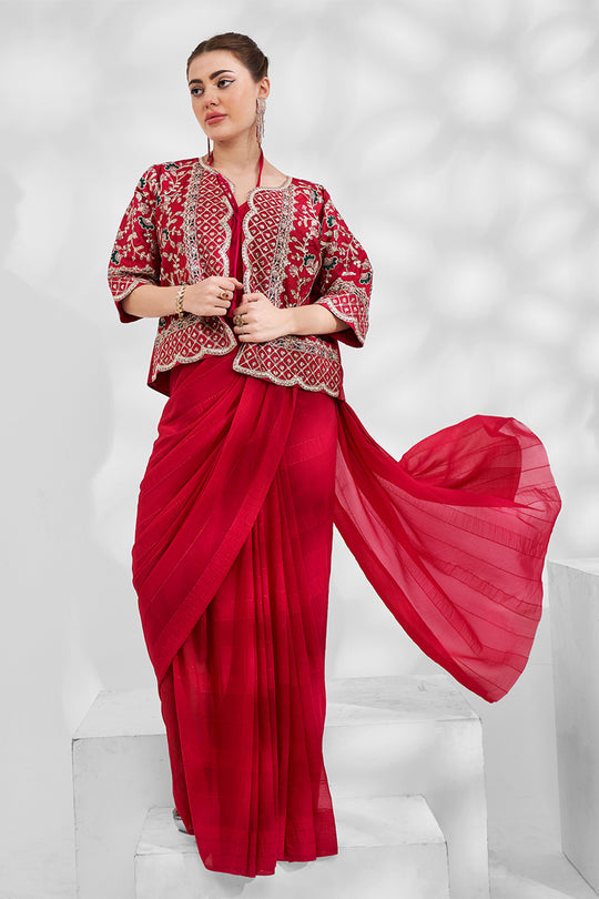 Red Georgette Saree With An Embroidery Overcoat