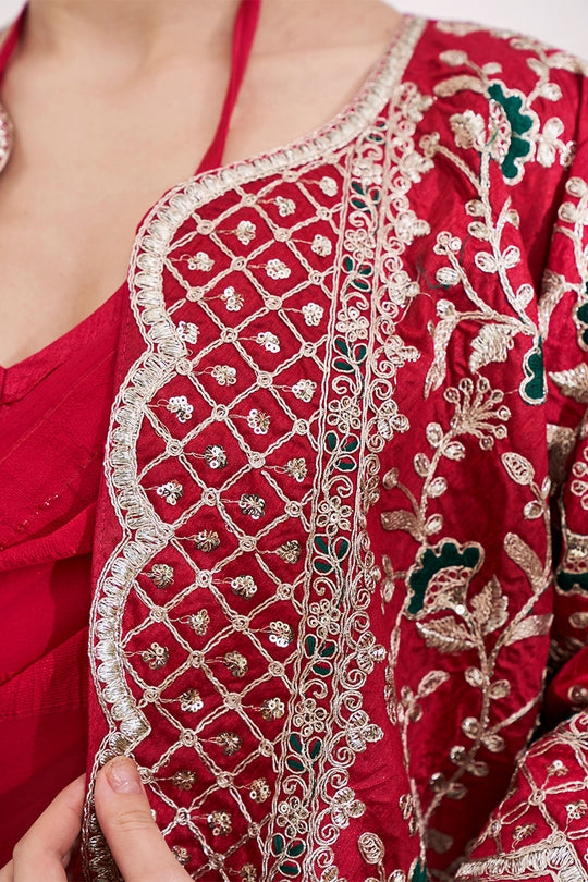 Red Georgette Saree With An Embroidery Overcoat