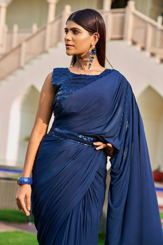 Navy Blue Georgette Saree With Blouse Piece