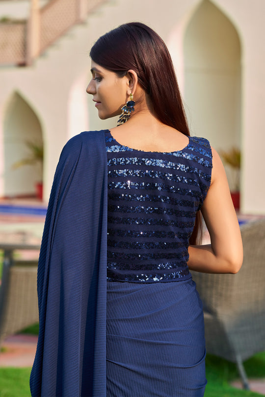 Navy Blue Georgette Saree With Blouse Piece