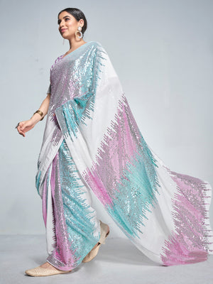 White Georgette Party Wear Saree With Blouse Piece