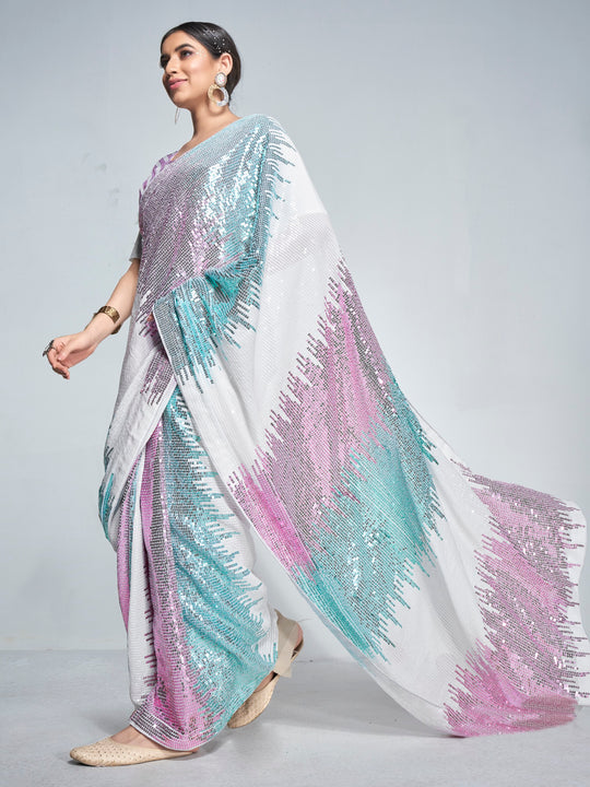 White Georgette Party Wear Saree With Blouse Piece