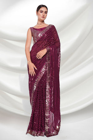 Wine Georgette Saree With Blouse Piece