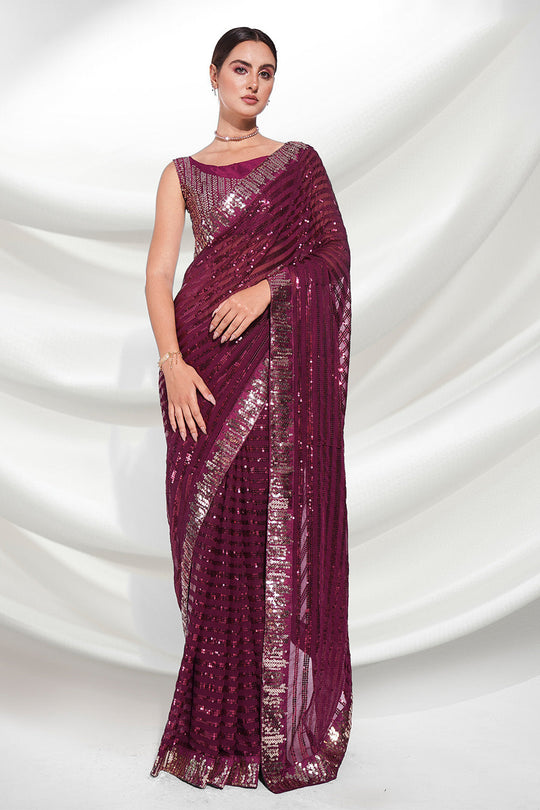 Wine Georgette Saree With Blouse Piece
