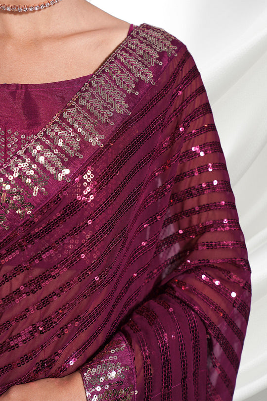Wine Georgette Saree With Blouse Piece