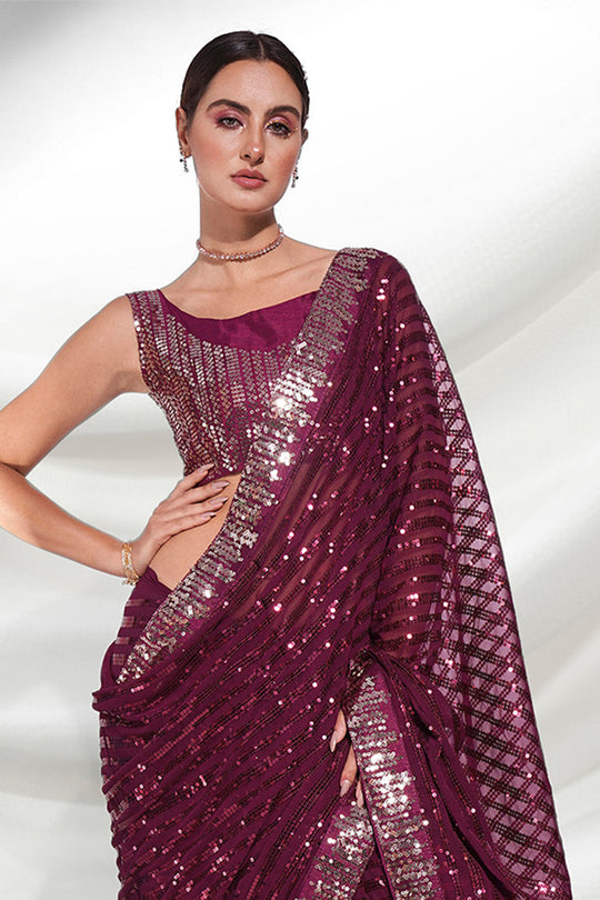 Wine Georgette Saree With Blouse Piece