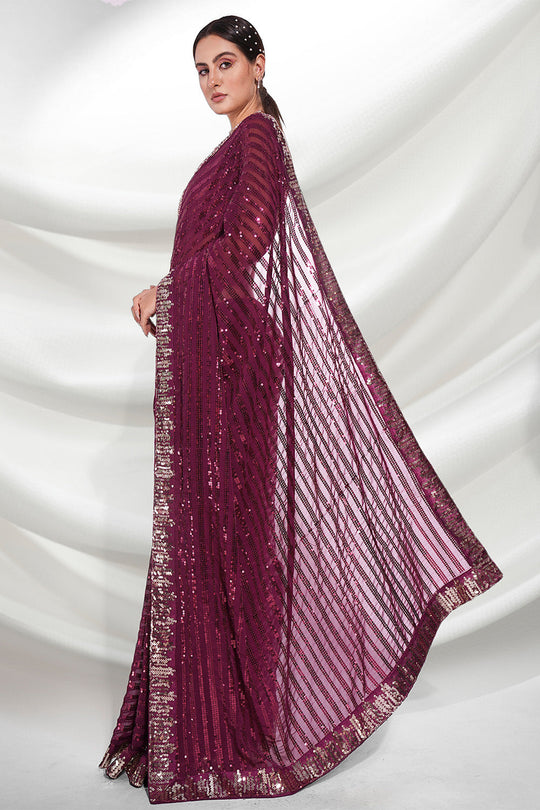 Wine Georgette Saree With Blouse Piece