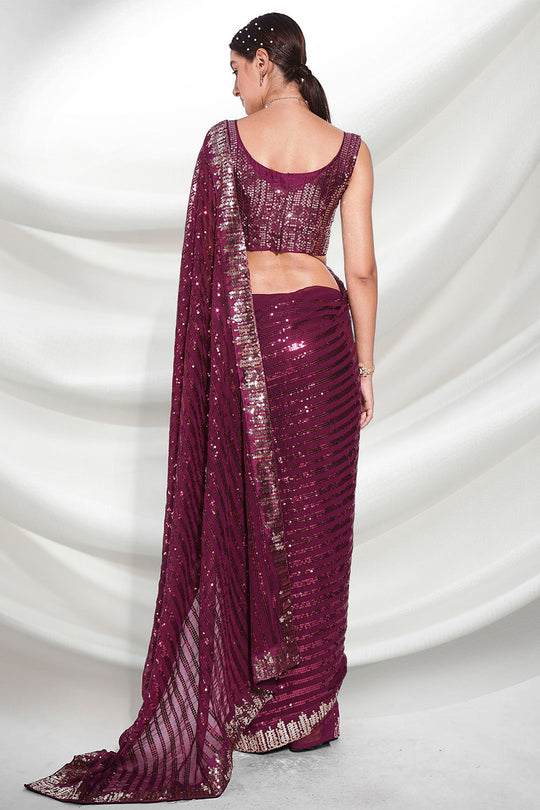 Wine Georgette Saree With Blouse Piece