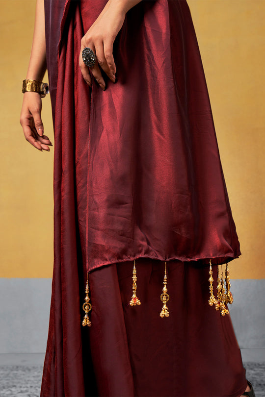 Maroon Satin Silk  Saree With Blouse Piece