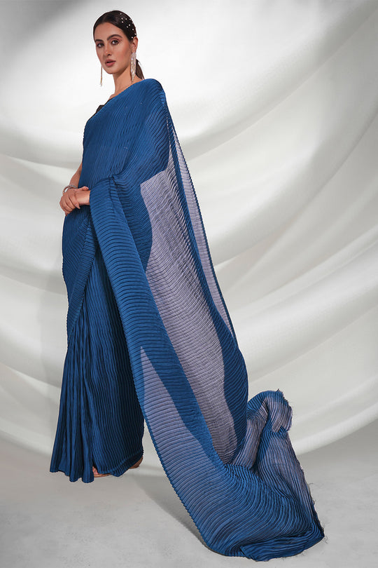 Teal Satin Saree With Blouse Piece