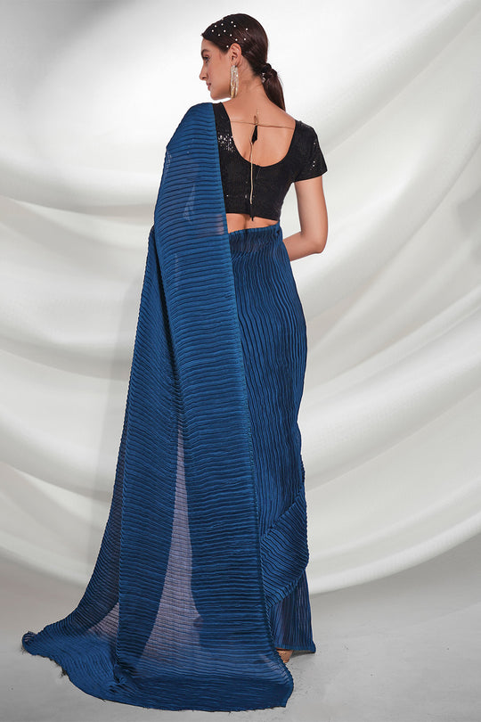 Teal Satin Saree With Blouse Piece