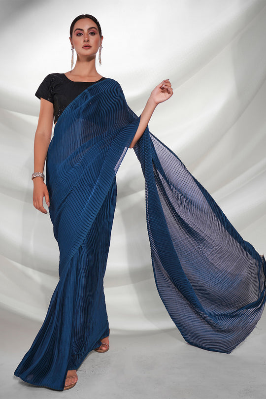 Teal Satin Saree With Blouse Piece